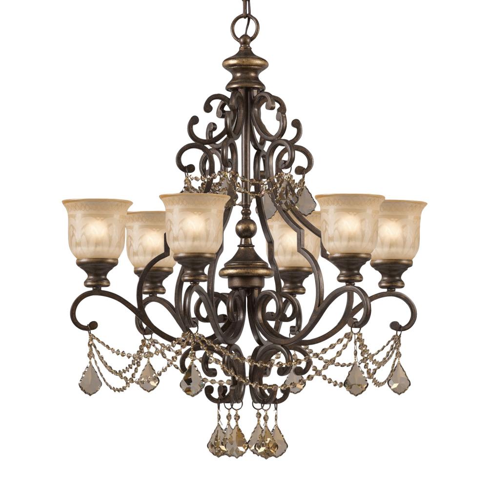 Norwalk 6 Light Golden Teak Swarovski Strass Crystal Bronze Umber Chandelier