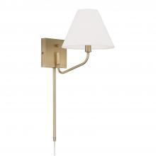  656611AD-714 - 1-Lt Swivel Armed Sconce in Aged Brass & Tapered White Fabric Shade w/ Optional Plug-in & Cord Cover